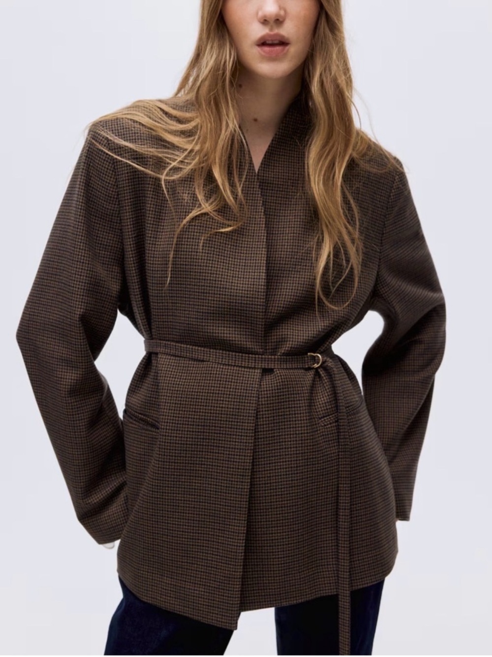 H&M - Belted Brown Houndstooth Jacket